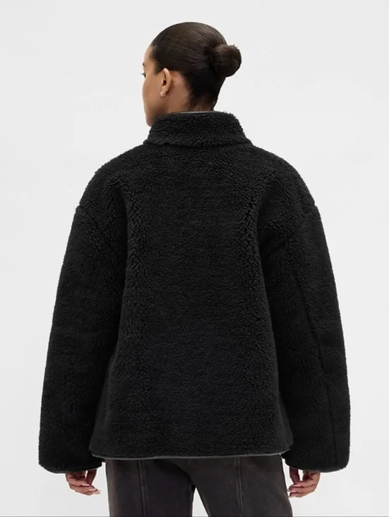 GAP Womens Nwt Recycled Black Sherpa & Vegan Leather Trim Jacket Sz L - Picture 2 of 10